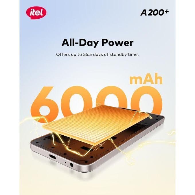 Itel A200+ — 6.75" 120Hz Display, 128Gb Rom, 3Gb Ram, 6000Mah Battery (Ai Fusion Camera, 4G Dual Sim)
